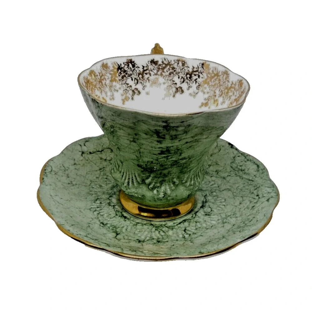 Rare Royal Albert Bone China Marbled Green Scalloped Tea Cup And Saucer England